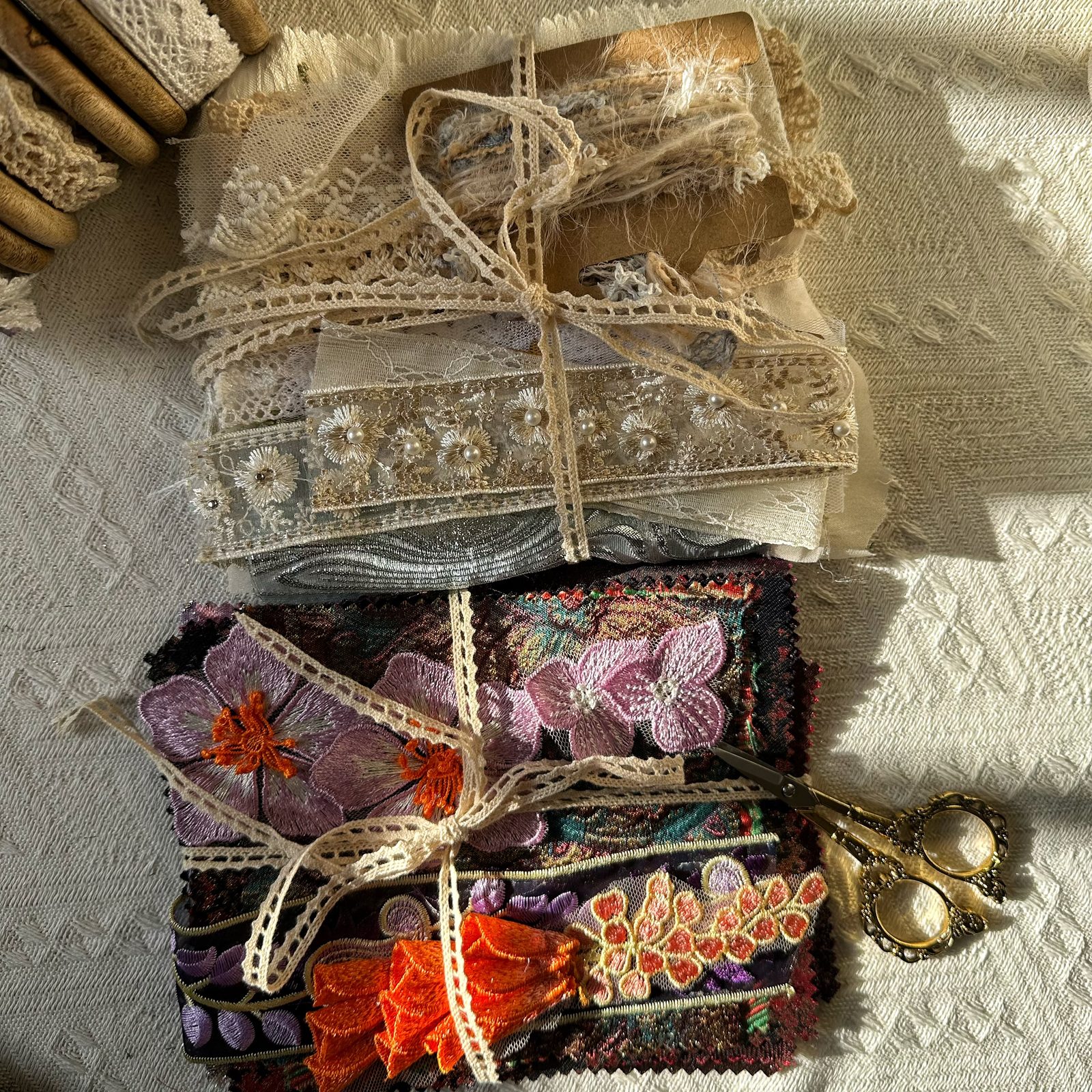 Sequin and pearl embroidered trims and lace ribbons