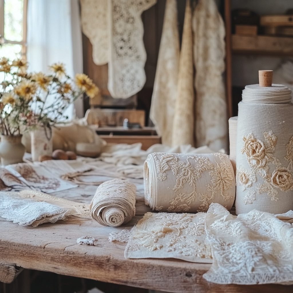 Golden Thread studio — a quiet artisan workspace with vintage lace and embroidered fabrics